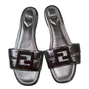 Fendi Metallic Silver Slide Sandals